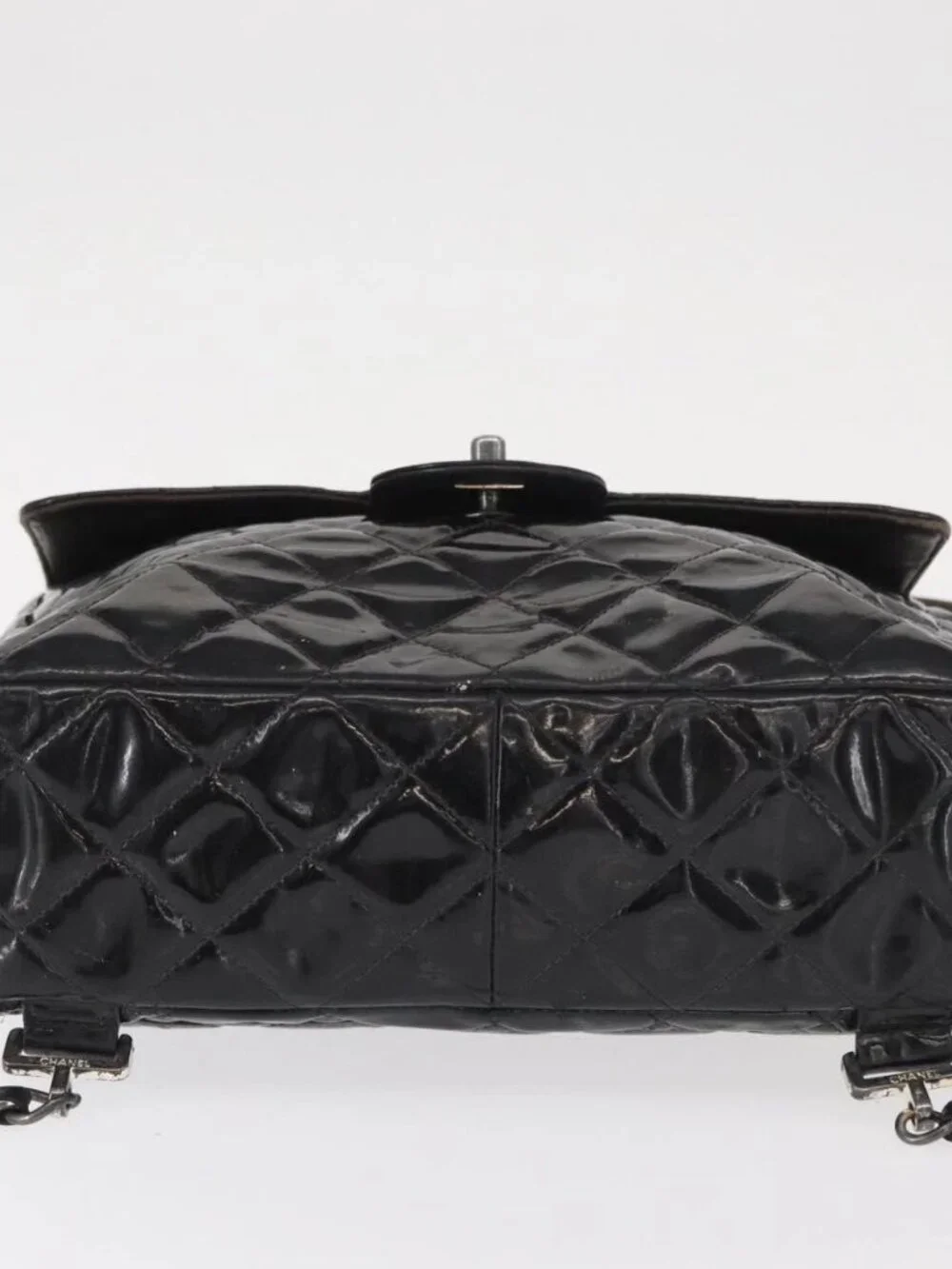 CHANEL Matelasse 25 Chain Backpack Enamel Black Silver CC Auth gh1554